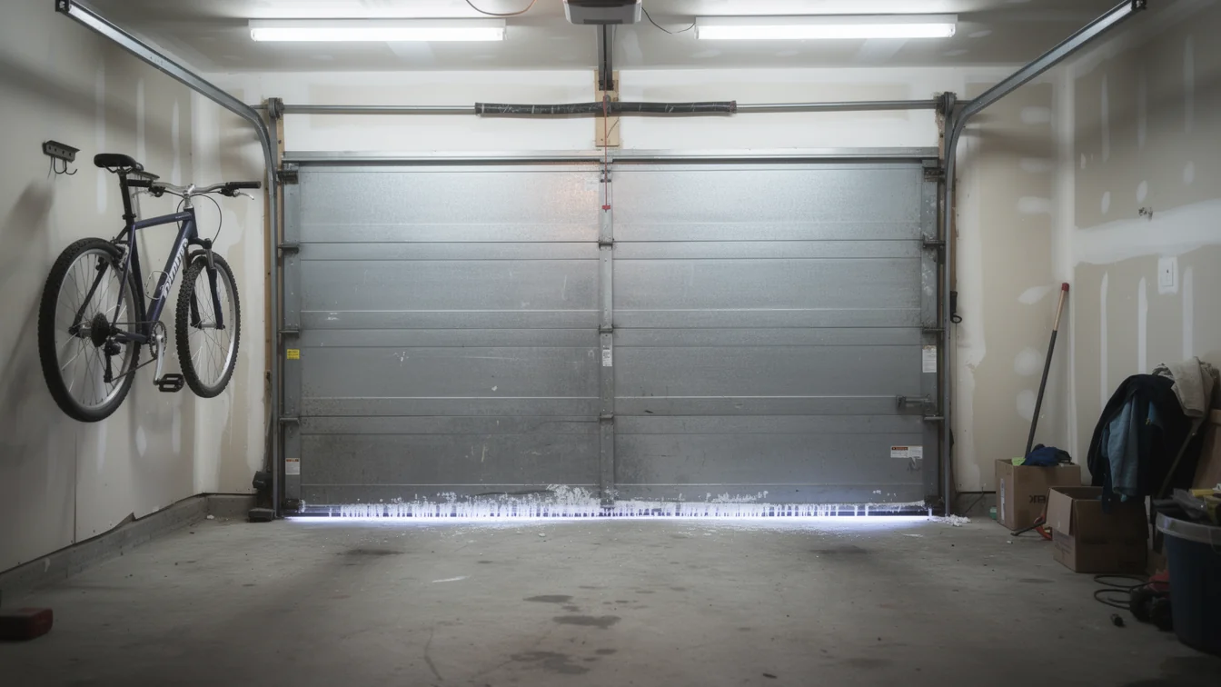 A closed garage door with a bicycle hanging on the left wall.