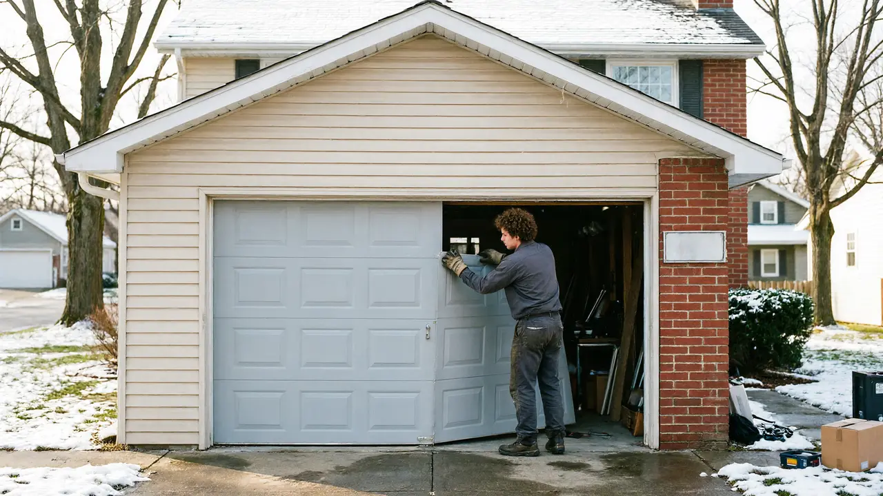 A technician in gloves is working on a light gray garage door.