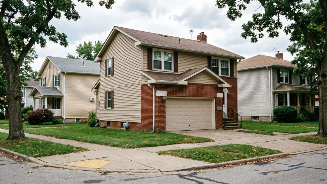 A beige house with a closed garage door stands on a street corner.