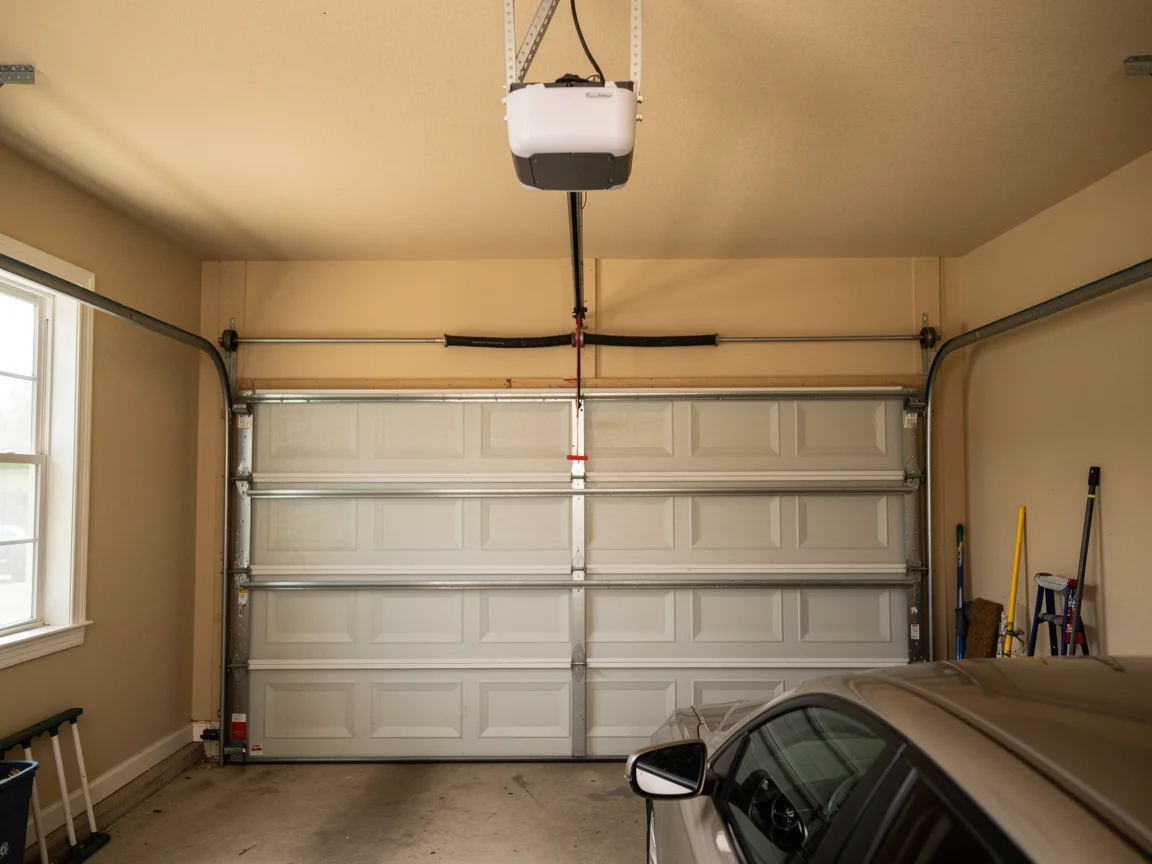 A closed white garage door with an opener and a car inside.