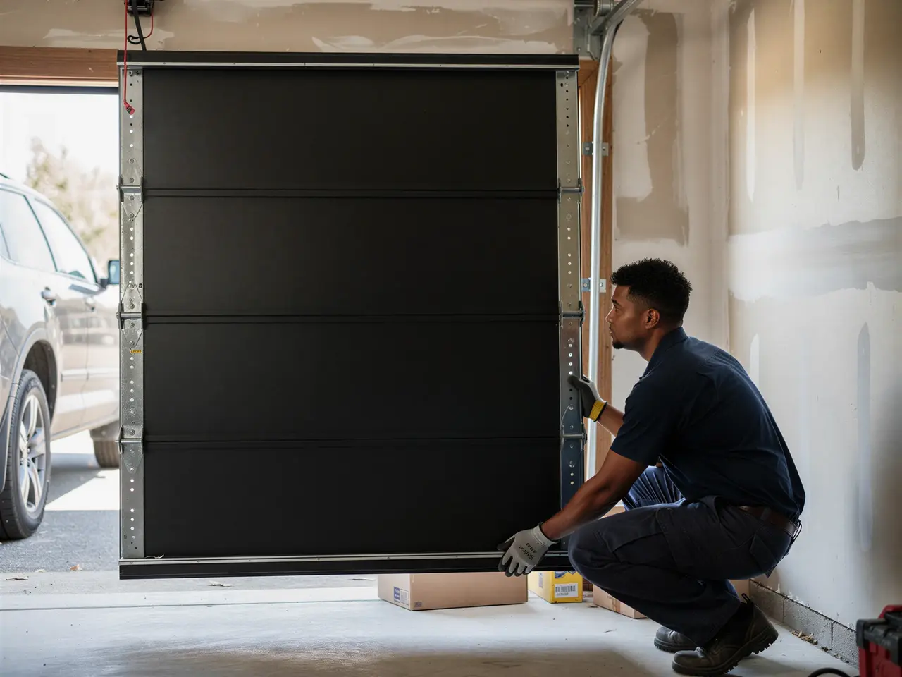 A technician installs a black garage door panel in a garage.