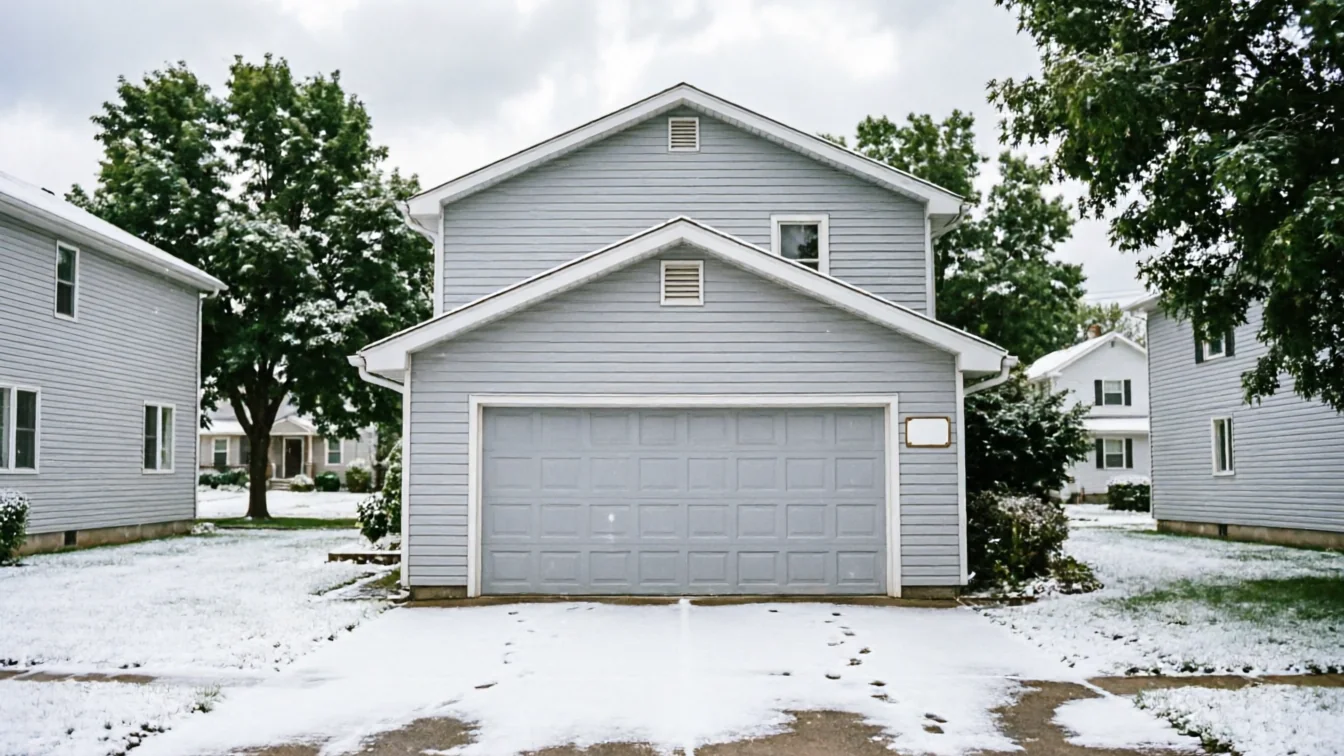 A gray house with a gray garage door and a snow-covered driveway.